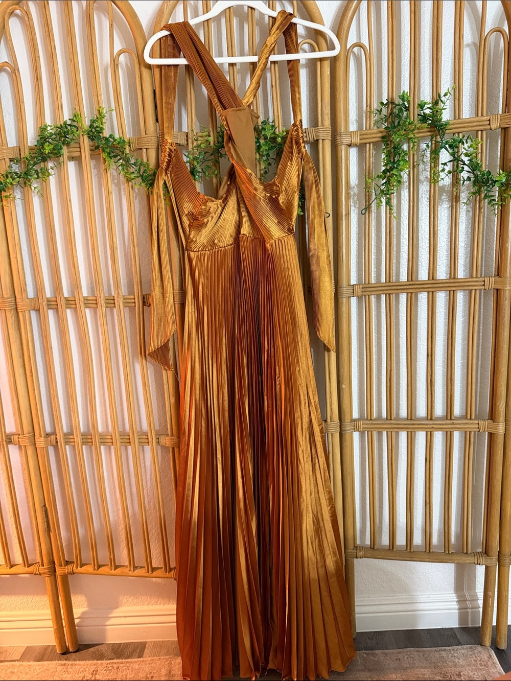 Aakaa Shimmery Copper Pleated Maxi Dress